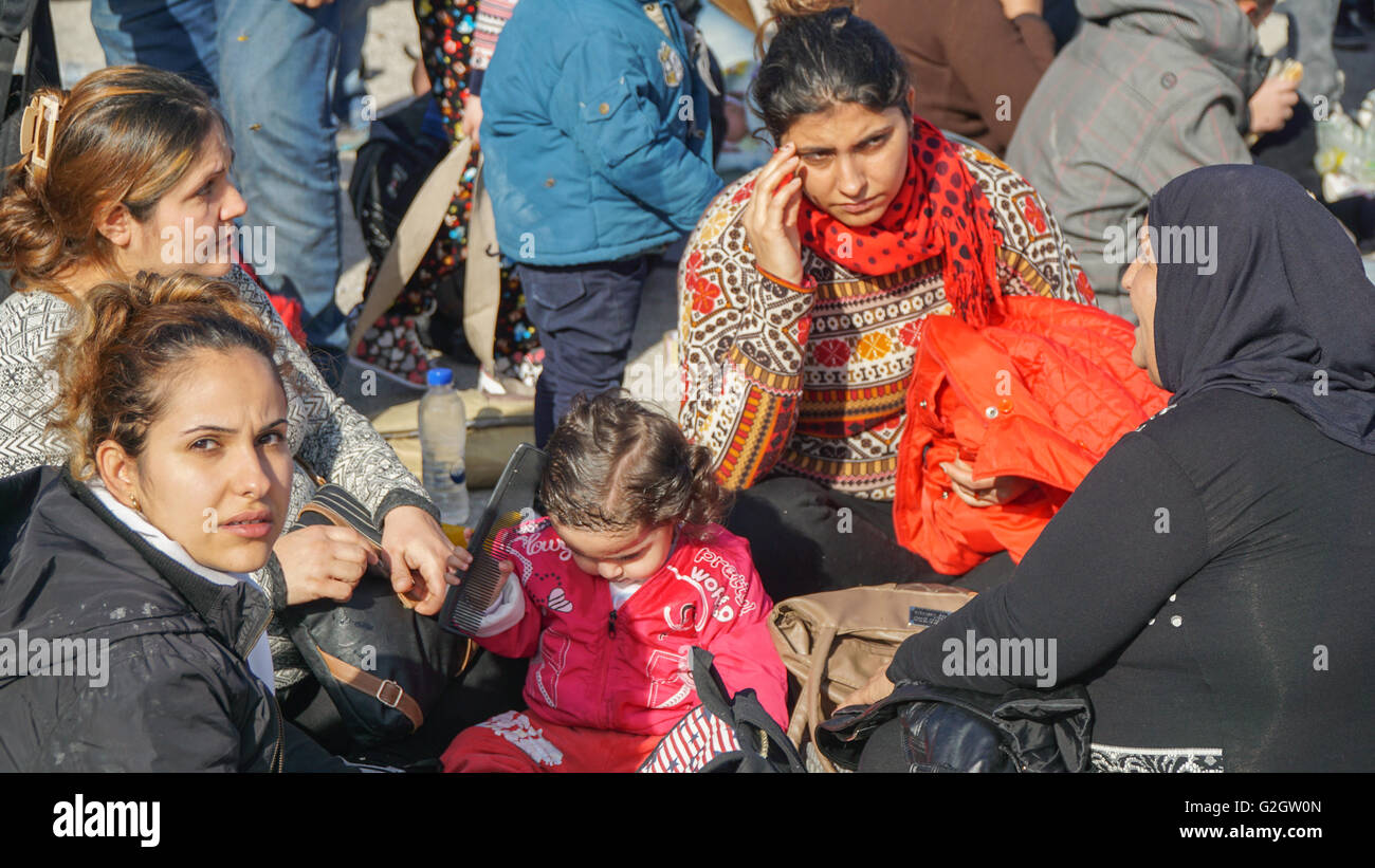 LESVOS, GREECE - October 10, 2015: Refugees in the Moria camp near Mitilini. Stock Photo