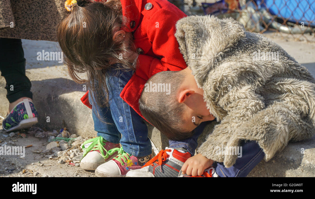 LESVOS, GREECE - October 10, 2015: Refugees in the Moria camp near Mitilini. Stock Photo