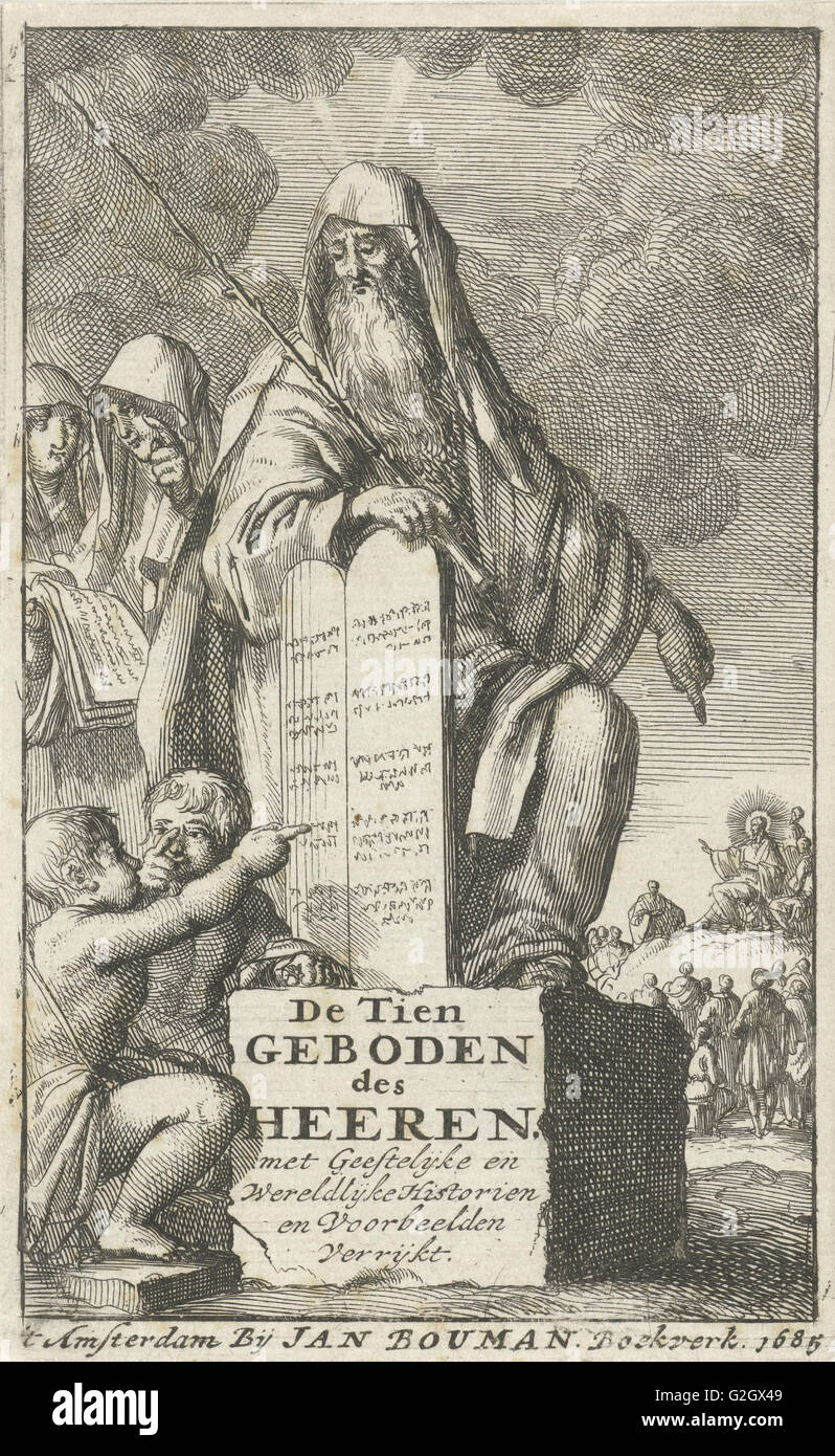 Moses with the Tablets of Law, Jan Luyken, Jan Bouman, 1685 Stock Photo