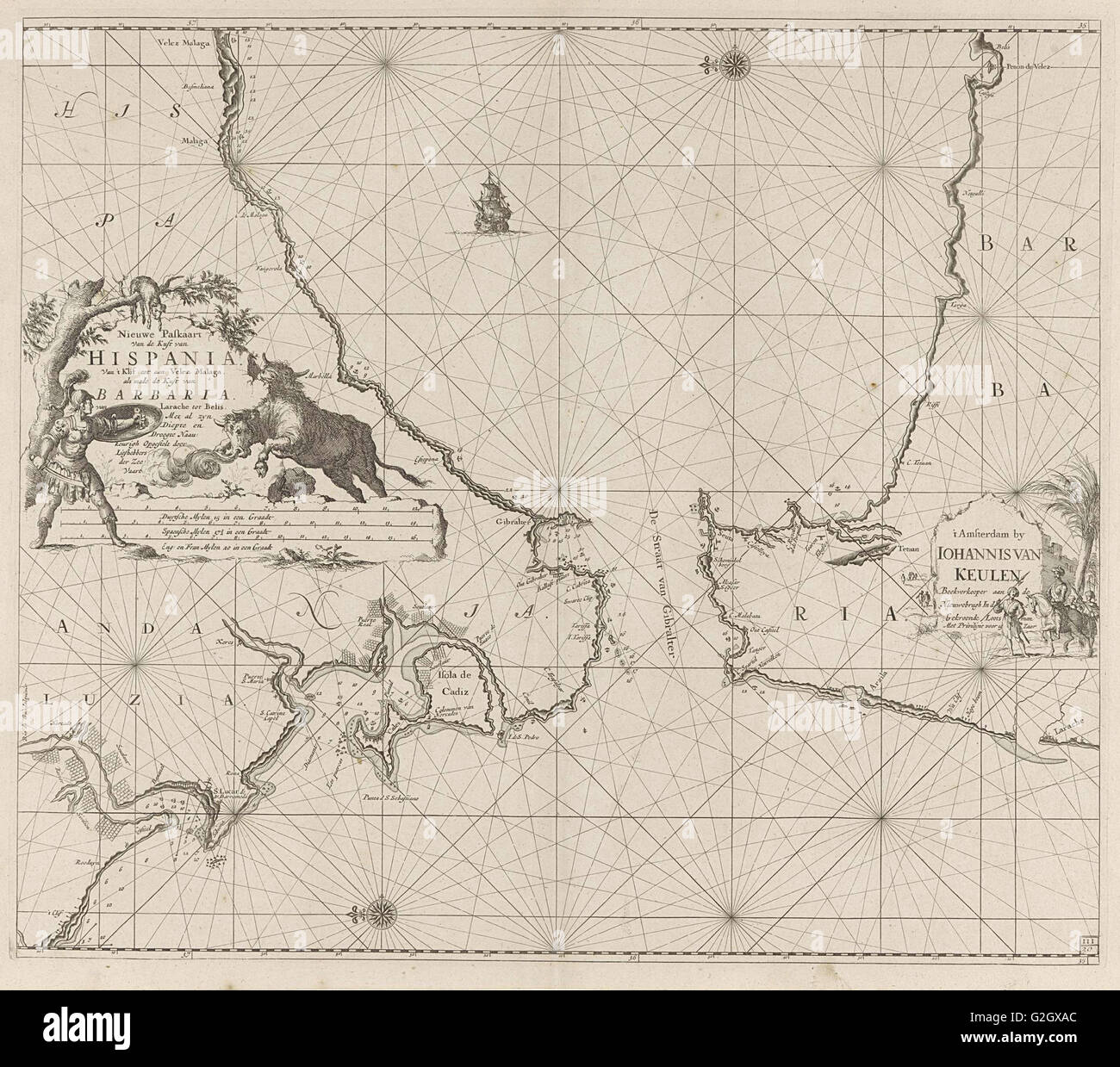 Sea chart of the Strait of Gibraltar, Jan Luyken, Johannes van Keulen (I), unknown, 1682 - 1803 Stock Photo