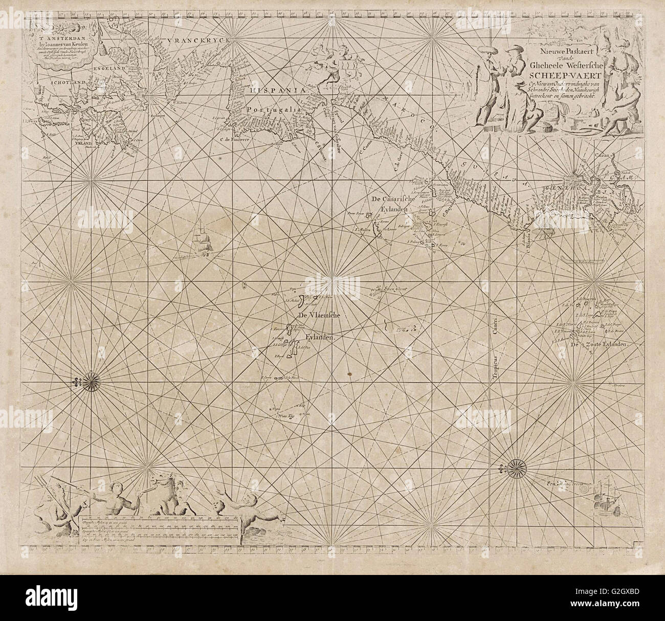 Sea chart of the Atlantic Ocean to the west coast of Europe and parts of Africa, Jan Luyken, Johannes van Keulen I, unknown Stock Photo