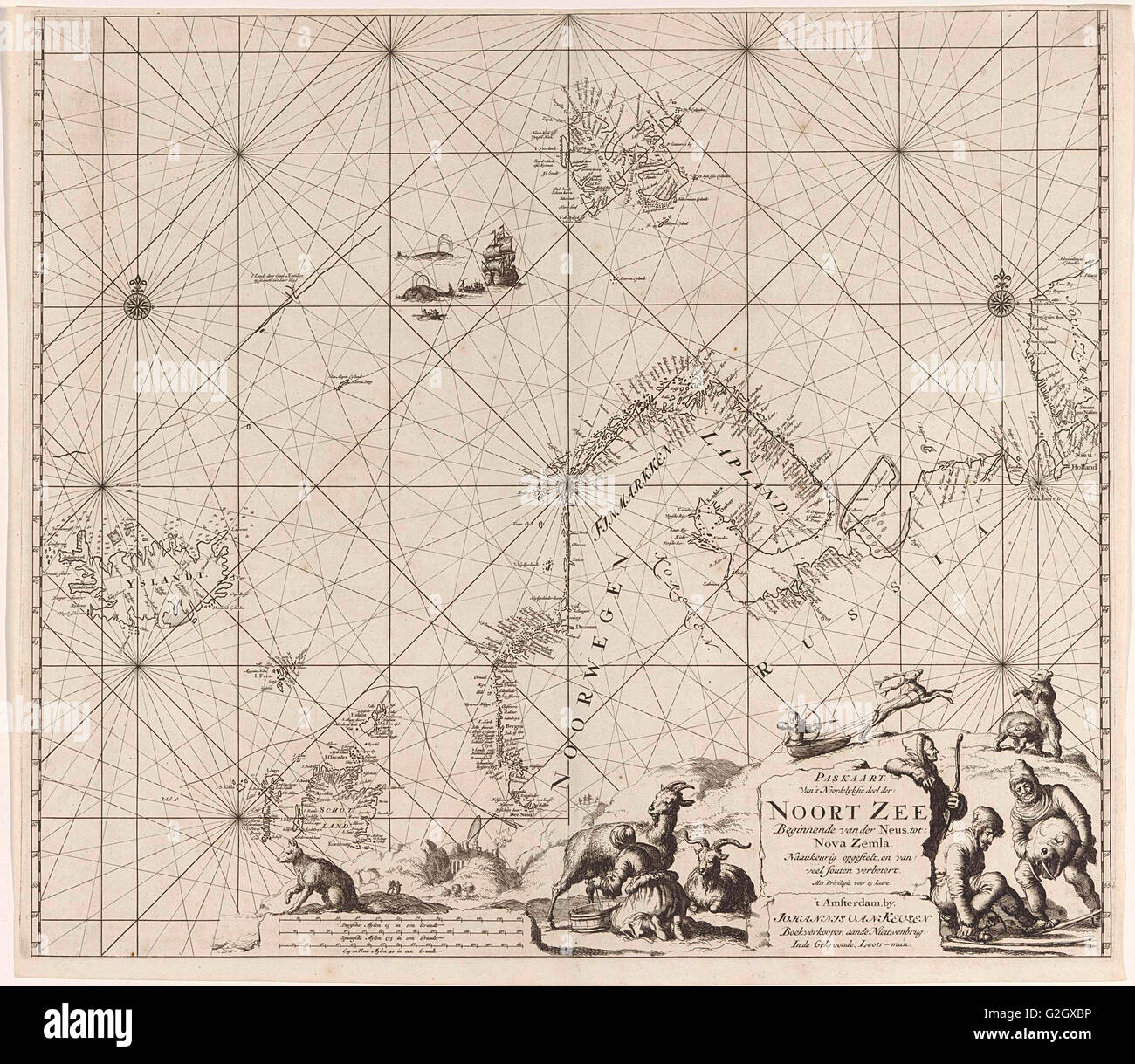 Sea chart of Northern part of Atlantic and Arctic Ocean, North Sea and Baltic Sea, Jan Luyken, Johannes van Keulen I Stock Photo