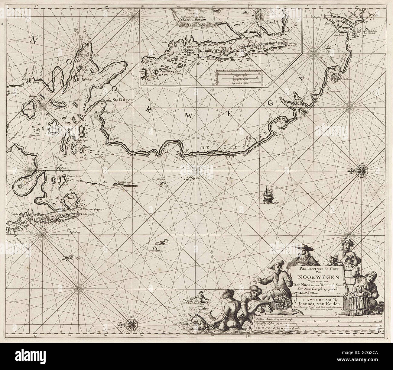 Sea chart of part of the coast of Norway, print maker: Jan Luyken, Johannes van Keulen I, unknown, 1681 - 1799 Stock Photo
