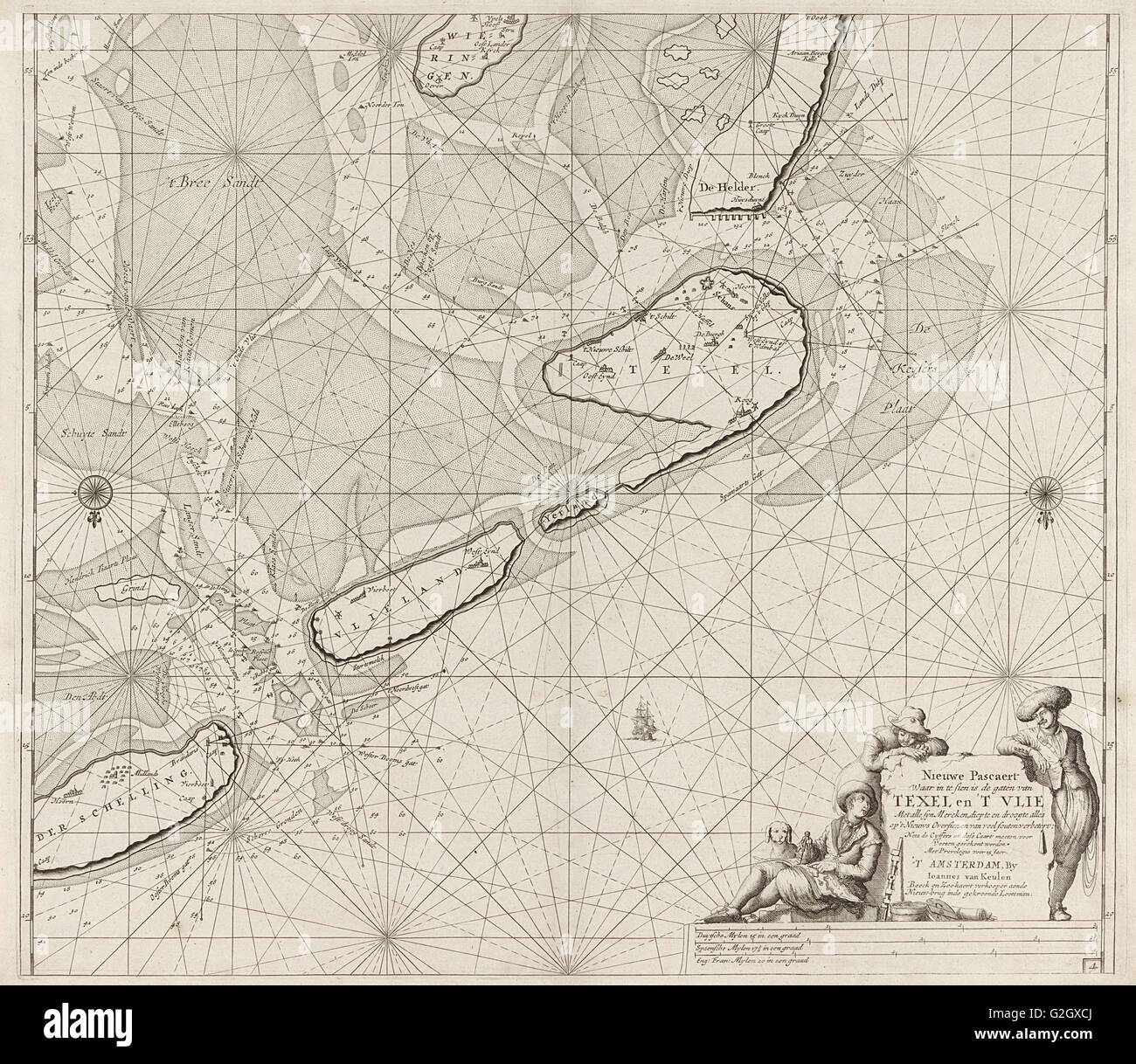 Sea chart of the Wadden Sea from Den Helder to Terschelling, Jan Luyken, Johannes van Keulen (I), unknown, 1681 - 1799 Stock Photo