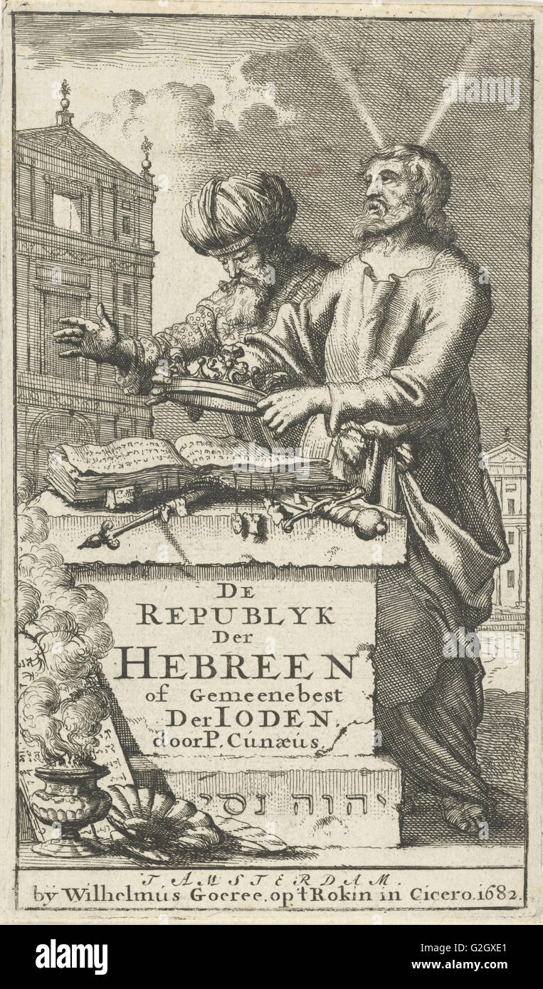 Moses and Aaron standing behind an altar, Jan Luyken, Willem Goeree, 1682 Stock Photo