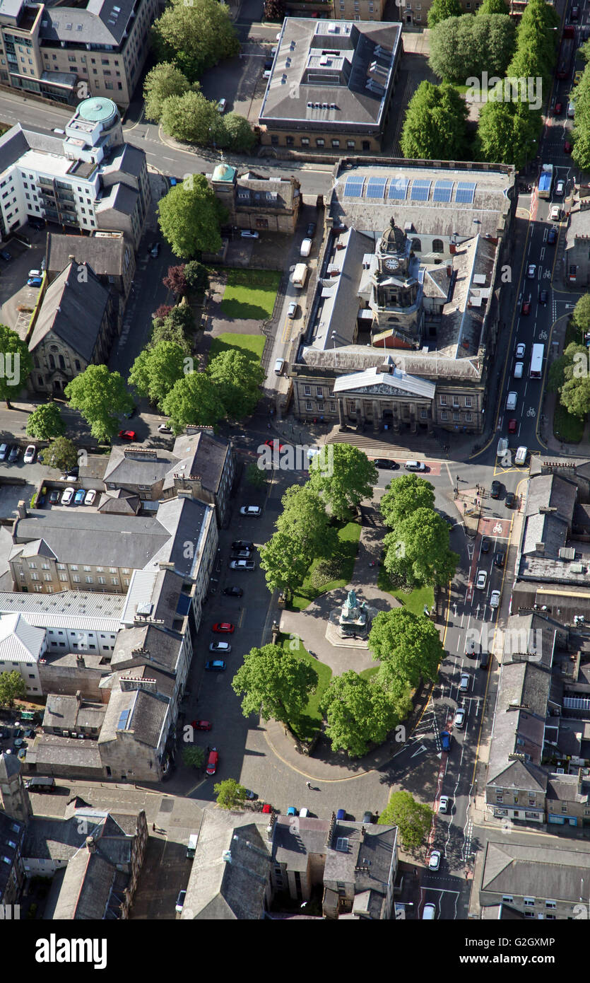 aerial view of Lancaster Town Hall and Dalton Square, Lancaster, UK Stock Photo