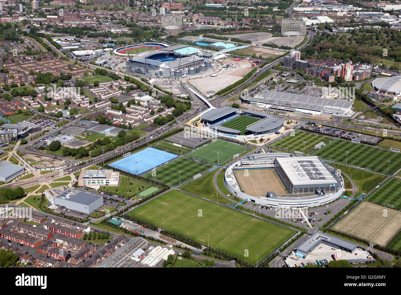 aerial view of Manchester City Football Academy, Etihad Stadium & Manchester Regional Centre, UK Stock Photo