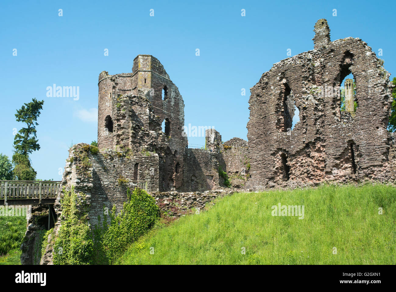The picturesque ruins of a small castle on a bright summer day. Stock Photo