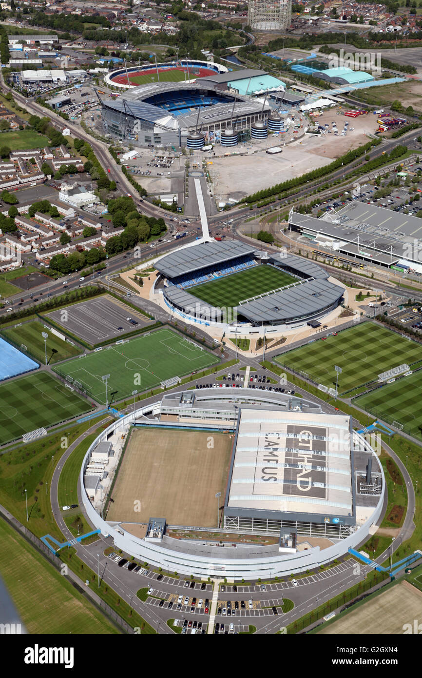 aerial view of Manchester City Football Academy, Etihad Stadium & Manchester Regional Centre, UK Stock Photo