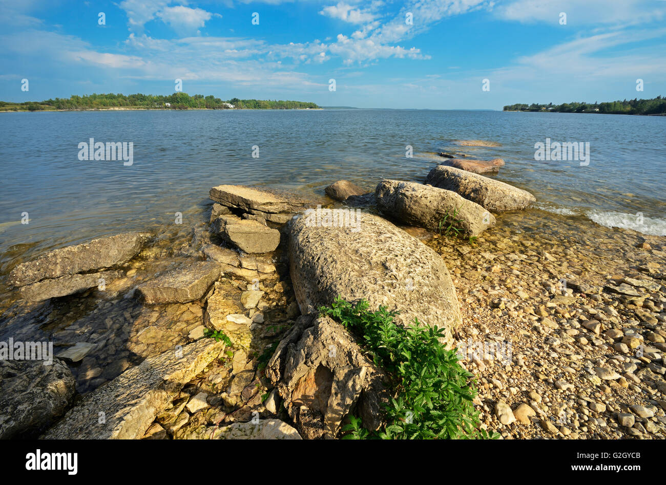 Lake Winnipeg's rocky shoreline Grand Rapids Manitoba Canada Stock Photo
