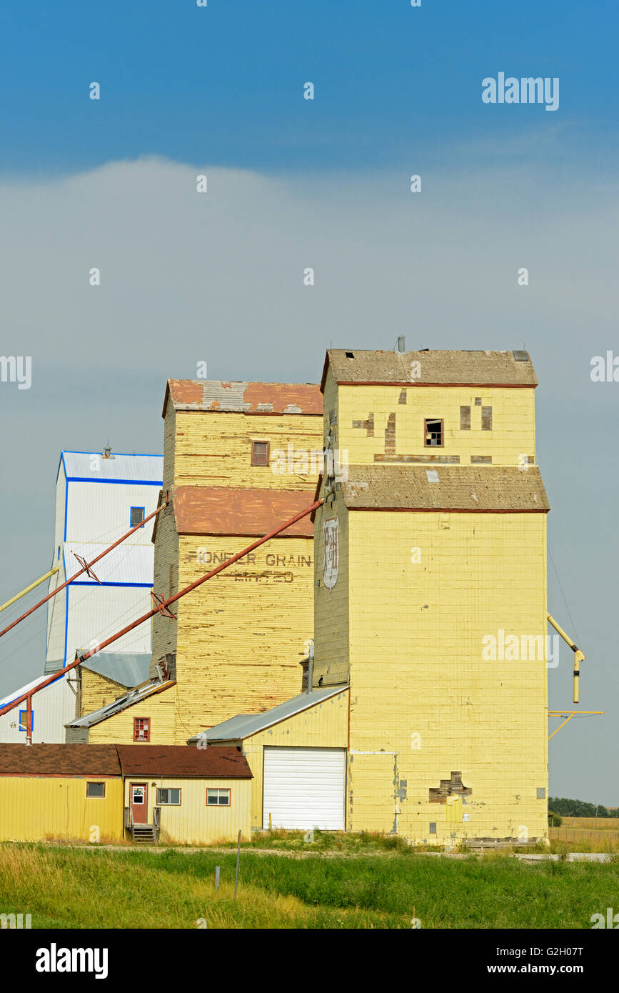 Old grain elevators on the Canadian Prairie Mossleigh Alberta Canada