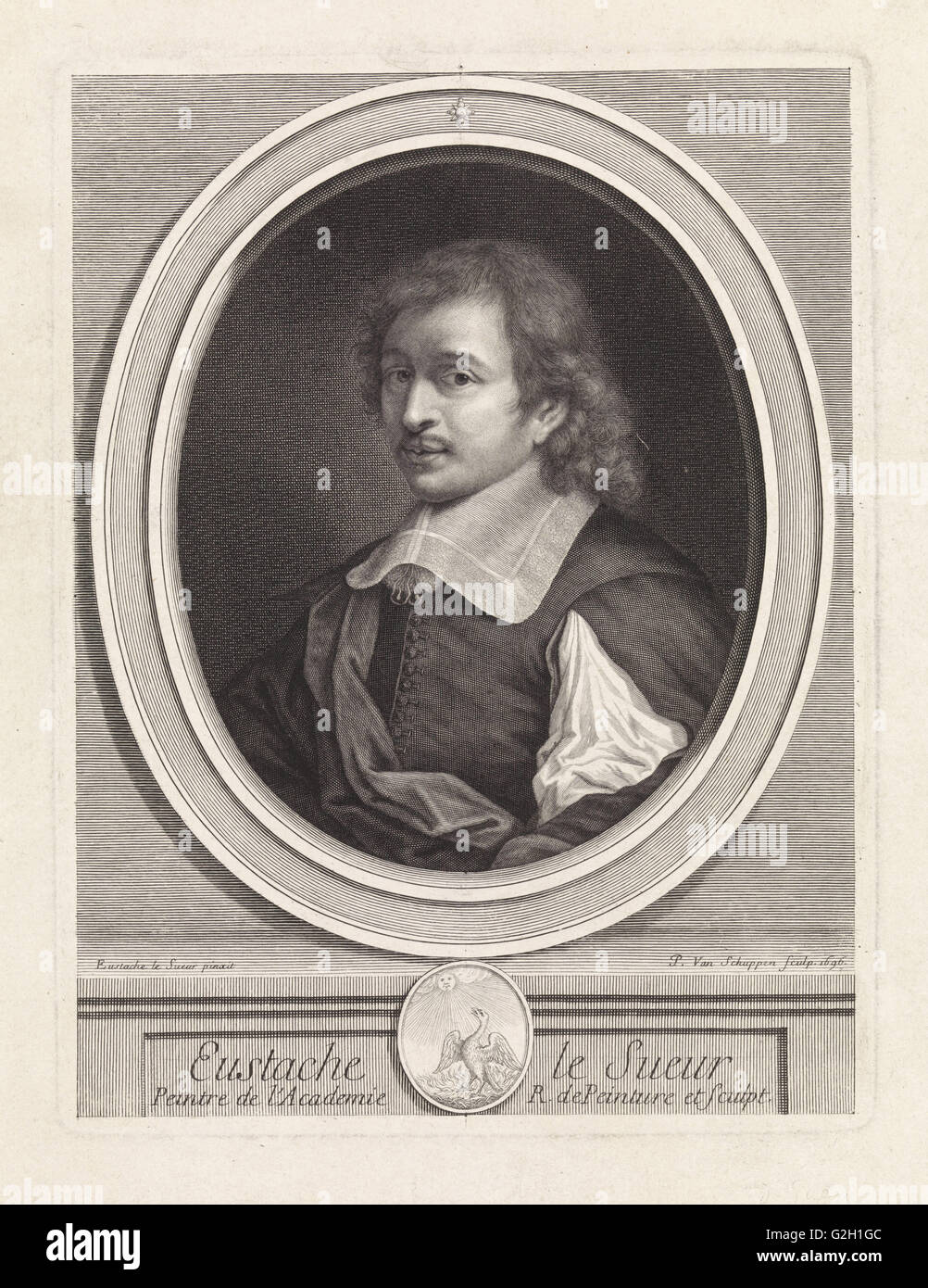 Portrait of the painter Eustache Lesueur, after his self-portrait, Pieter van Schuppen, 1696 Stock Photo