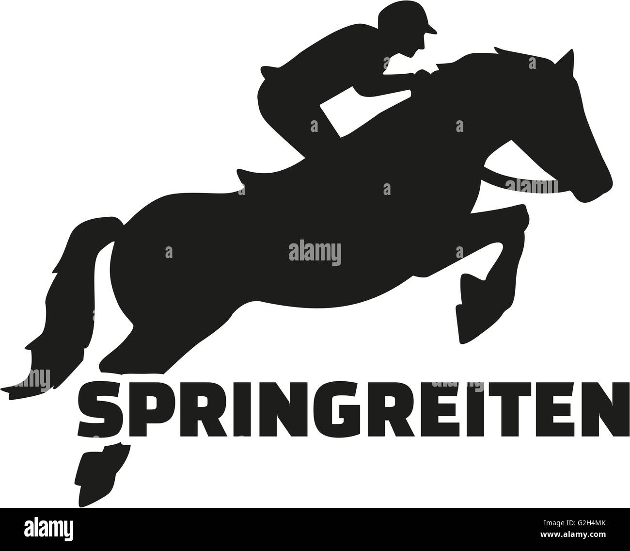 Horse with rider jumping, word show jumping german Stock Photo Alamy