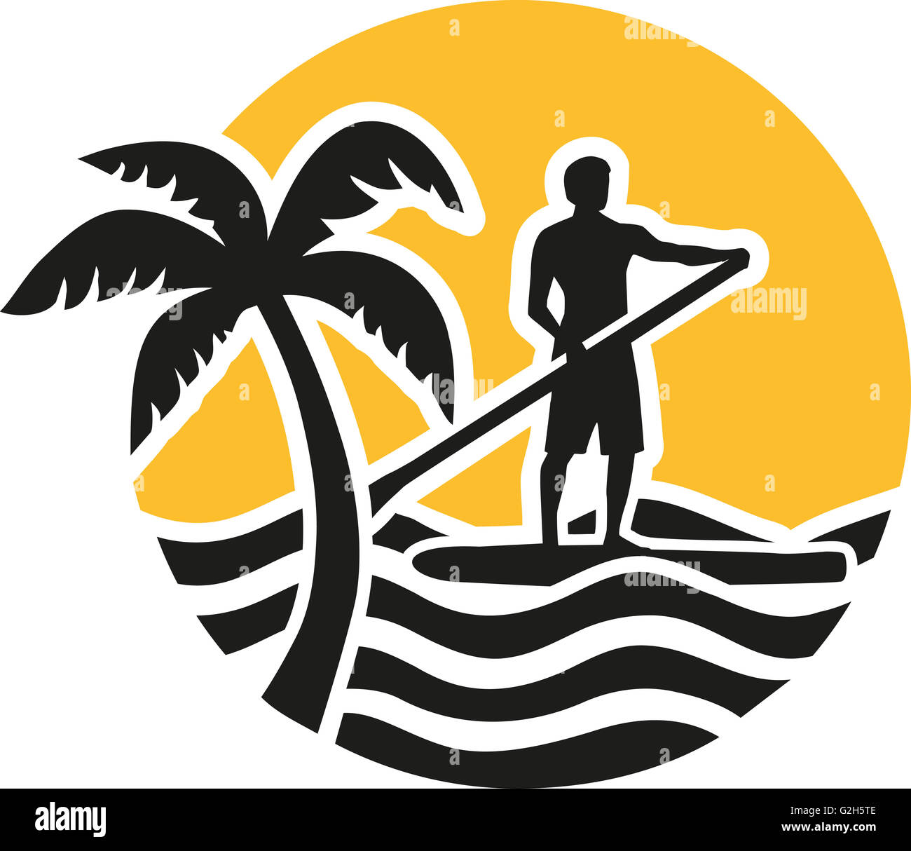 Stand up paddling icon with sun sea and palm Stock Photo