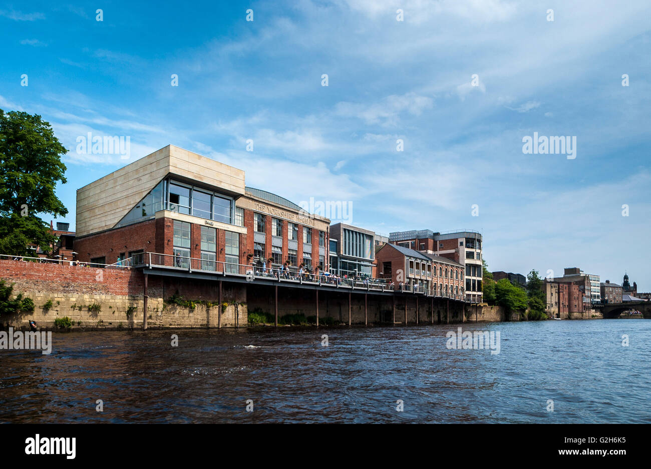 Old Yorkshire Herald building, now city Screen and Revolution with River Ouse, York, UK. Stock Photo