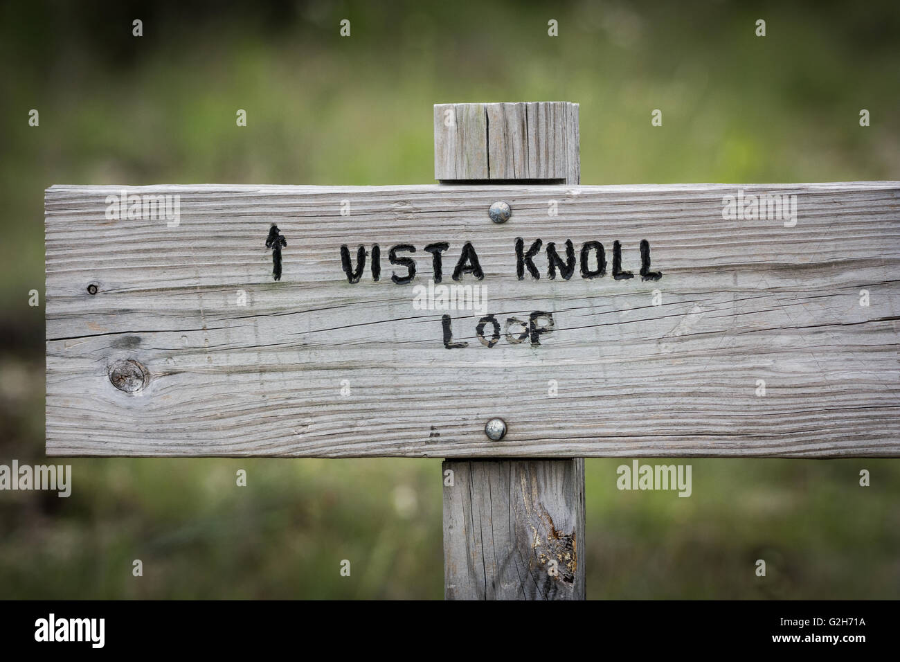 Wooden sign along the Warbler Vista Trail. Balcones Canyonlands National Wildlife Refuge, Austin, Texas Hill Country, USA. Stock Photo