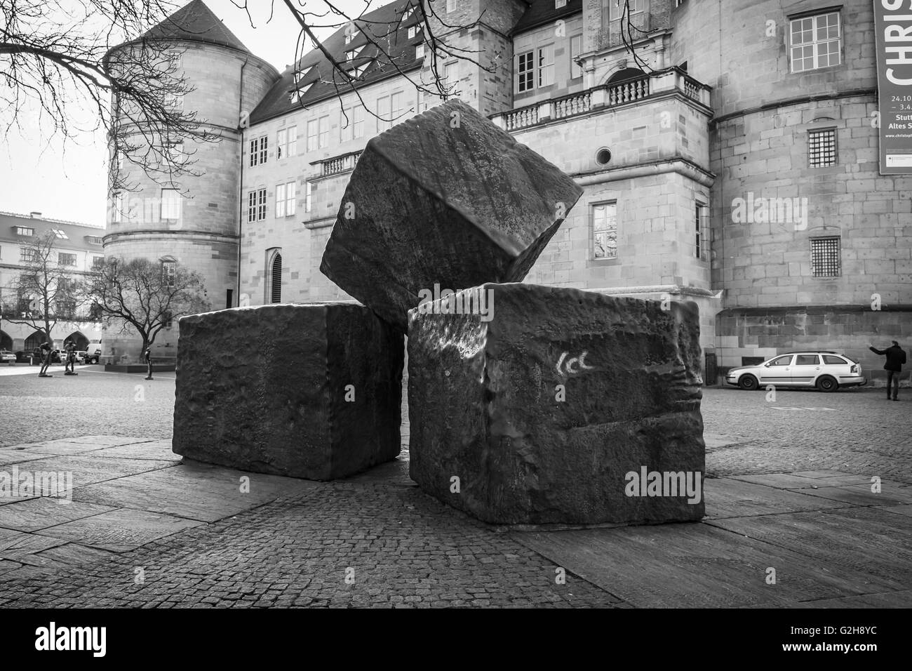 Memorial for the Victims of National Socialism on the background of the Old Castle. Black and white. Stock Photo