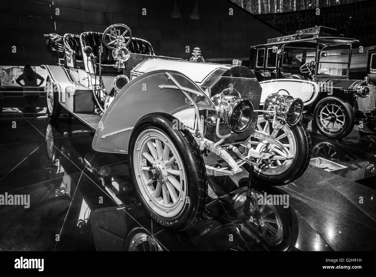 STUTTGART, GERMANY- MARCH 19, 2016: Vintage car Mercedes 75 PS Doppelphaeton, 1907. Black and white.  Mercedes-Benz Museum. Stock Photo