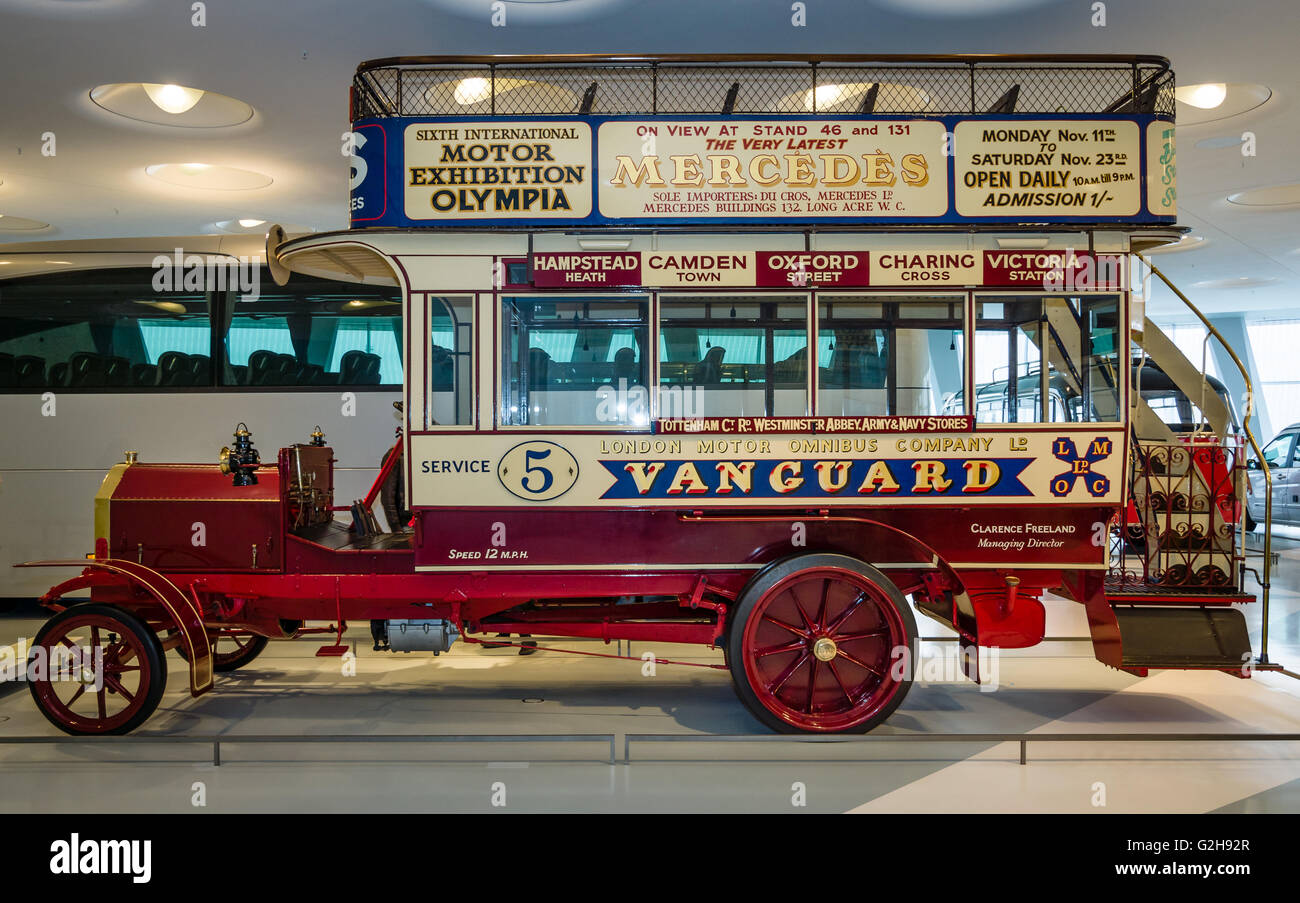 STUTTGART, GERMANY- MARCH 19, 2016: Vintage bus Milnes-Daimler double-decker bus, 1907. Mercedes-Benz Museum. Stock Photo