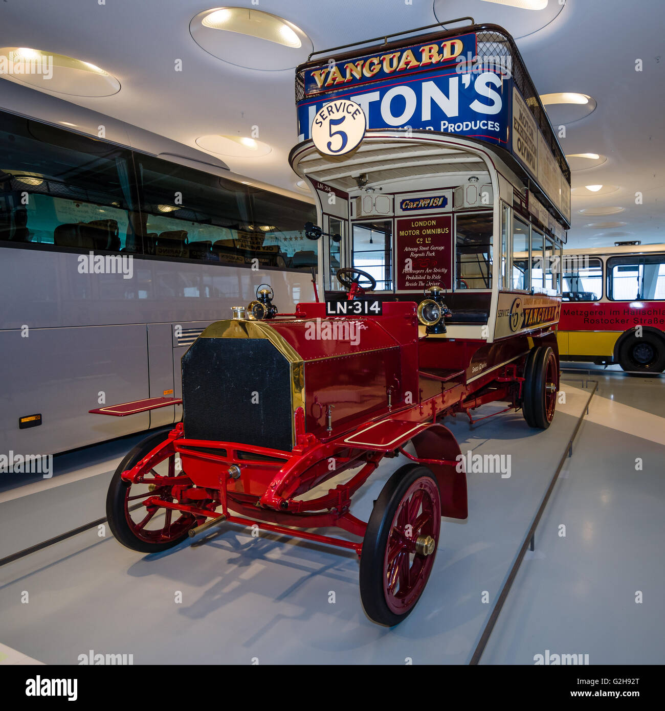 STUTTGART, GERMANY- MARCH 19, 2016: Vintage bus Milnes-Daimler double-decker bus, 1907. Mercedes-Benz Museum. Stock Photo