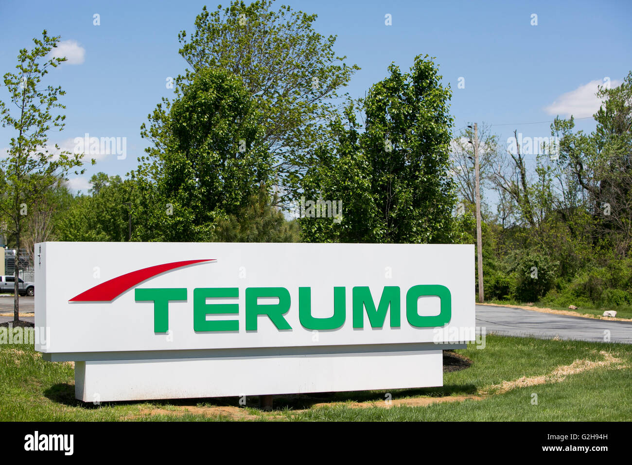 A logo sign outside of a facility occupied by the Terumo Corporation in