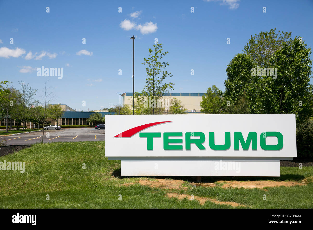 A logo sign outside of a facility occupied by the Terumo Corporation