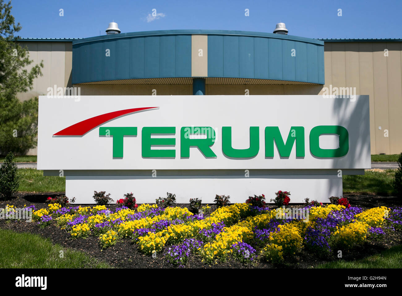 A logo sign outside of a facility occupied by the Terumo Corporation in