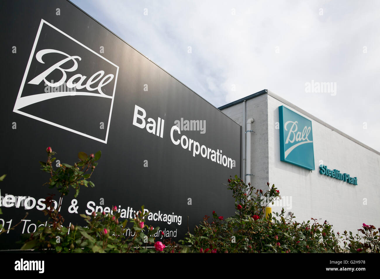 A logo sign outside of a facility occupied by the Ball Corporation in
