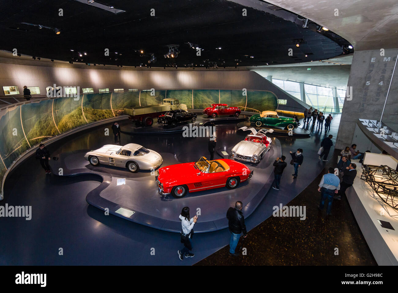 STUTTGART, GERMANY- MARCH 19, 2016: The exhibition hall of the post-war automobile technics. Mercedes-Benz Museum. Stock Photo