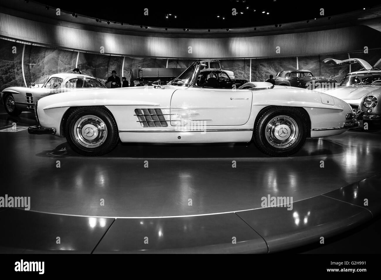 STUTTGART, GERMANY- MARCH 19, 2016: Sports car Mercedes-Benz 300 SL roadster, 1962. Black and white. Mercedes-Benz Museum. Stock Photo