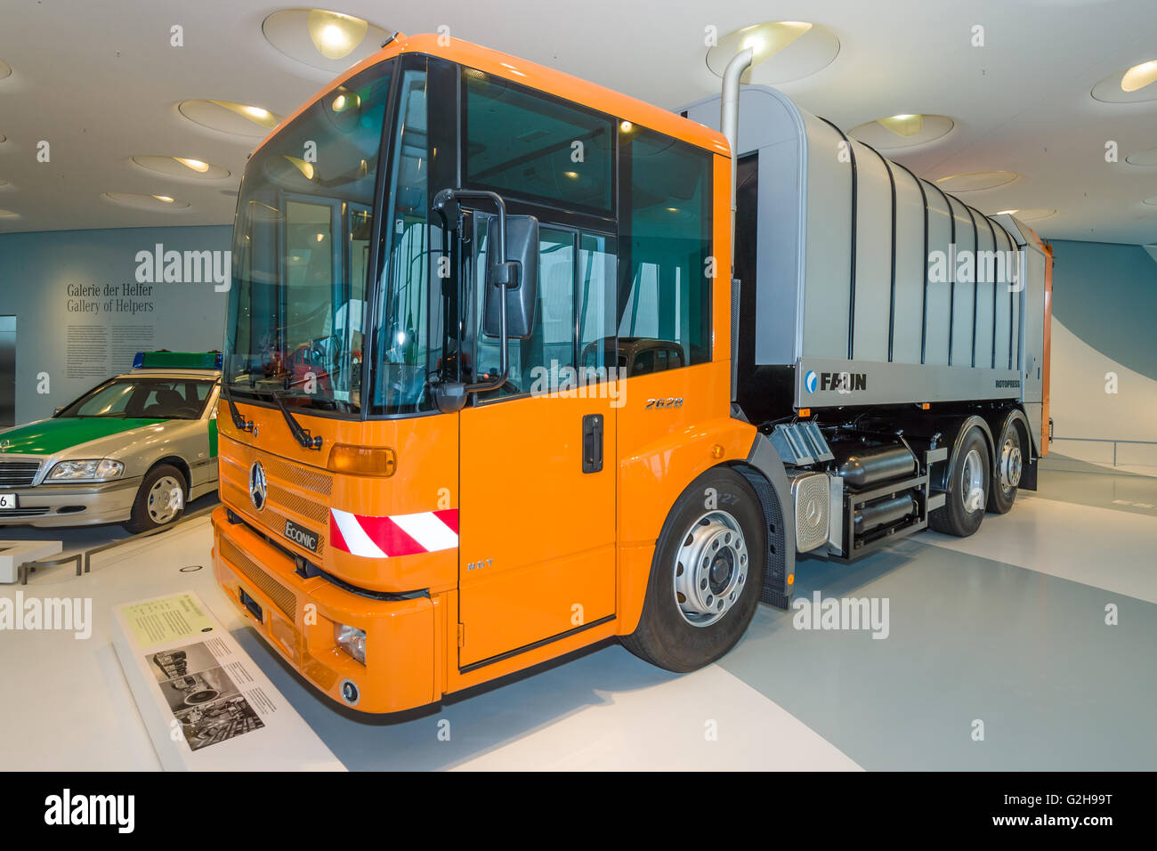 STUTTGART, GERMANY- MARCH 19, 2016: The refuse collection truck Mercedes-Benz Econic 2628 NGT, 2005. Mercedes-Benz Museum. Stock Photo