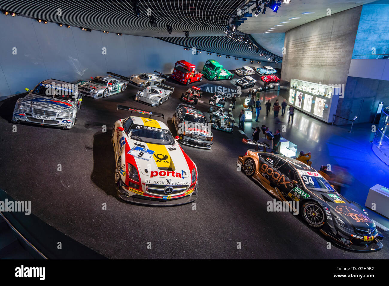 STUTTGART, GERMANY- MARCH 19, 2016: Gallery of sports and racing cars of different classes. Mercedes-Benz Museum. Stock Photo