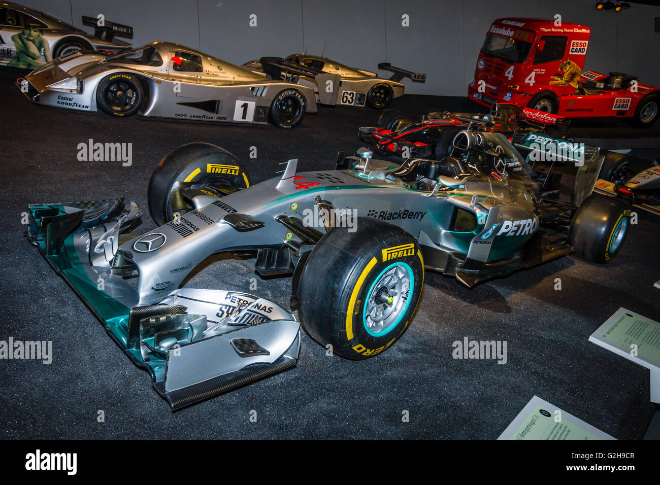 STUTTGART, GERMANY- MARCH 19, 2016: Formula One racing car Mercedes F1 W01 Hybrid, 2014. Mercedes-Benz Museum. Stock Photo