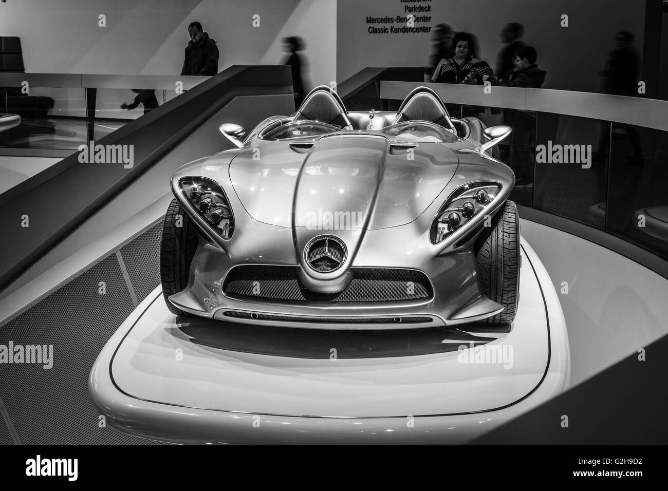 STUTTGART, GERMANY- MARCH 19, 2016: The concept car Mercedes-Benz F400 Carving, 2001. Black and white. Mercedes-Benz Museum. Stock Photo