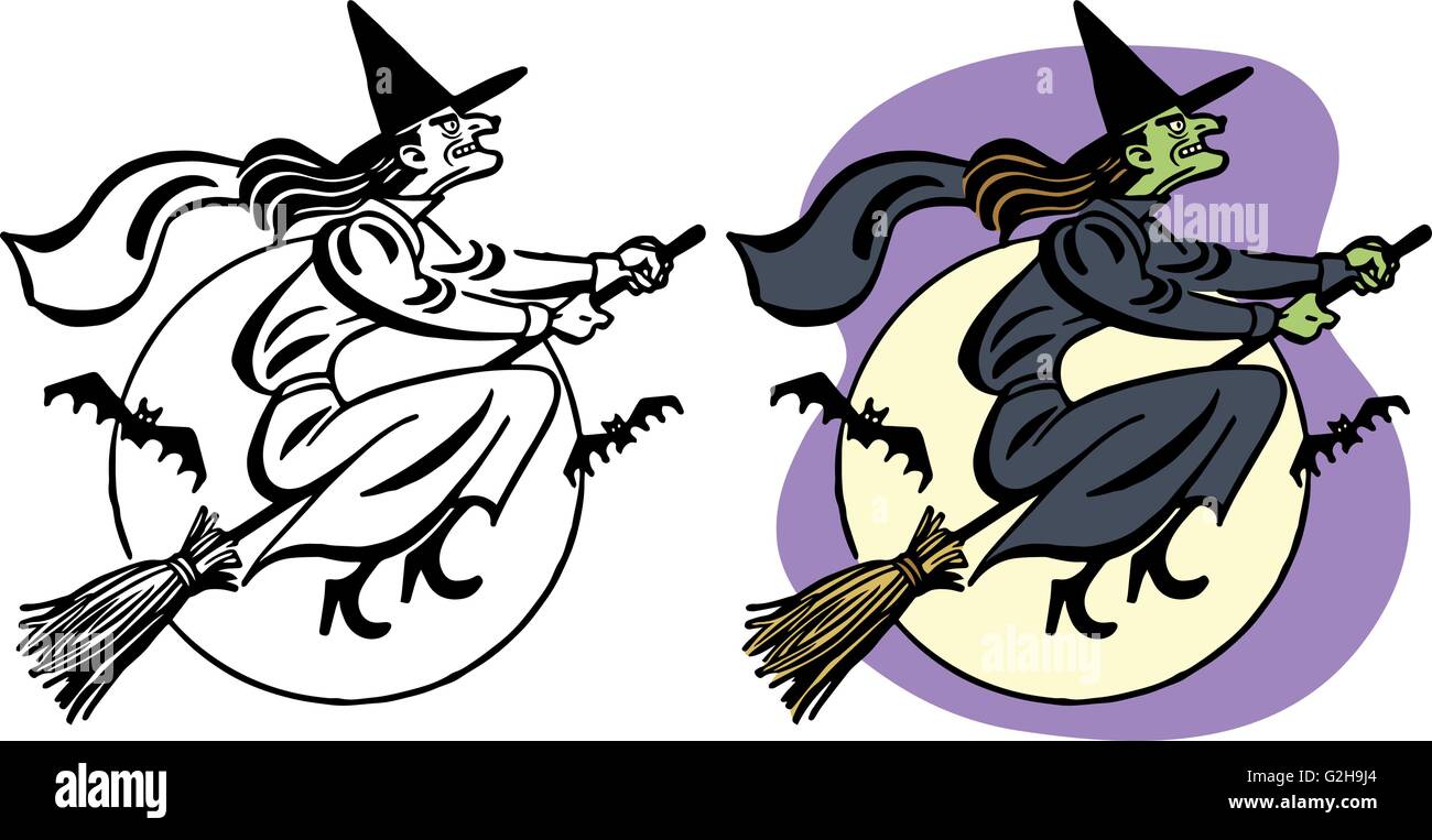 Witch on broomstick flies across the full moon Stock Vector