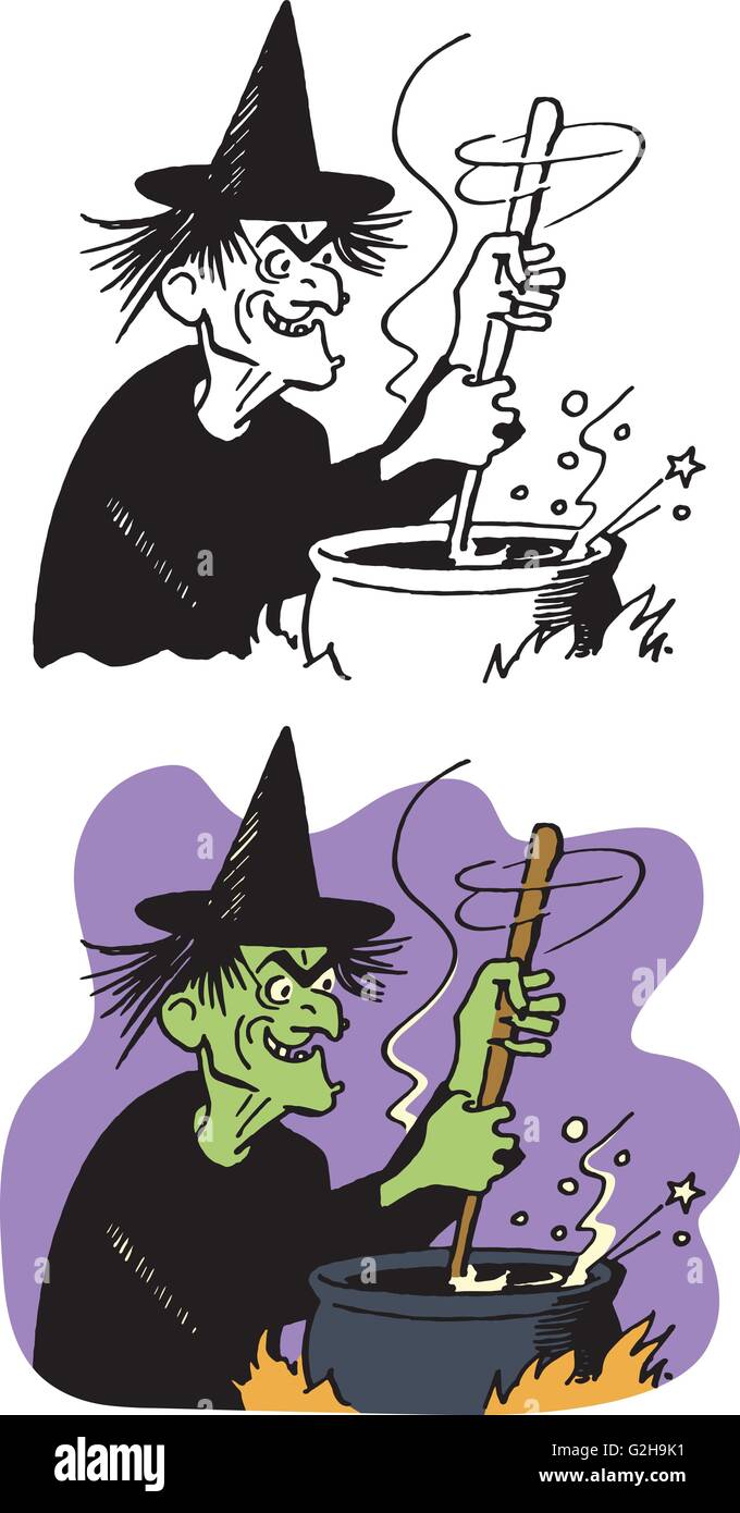 A witch stirs a potion in her cauldron Stock Vector