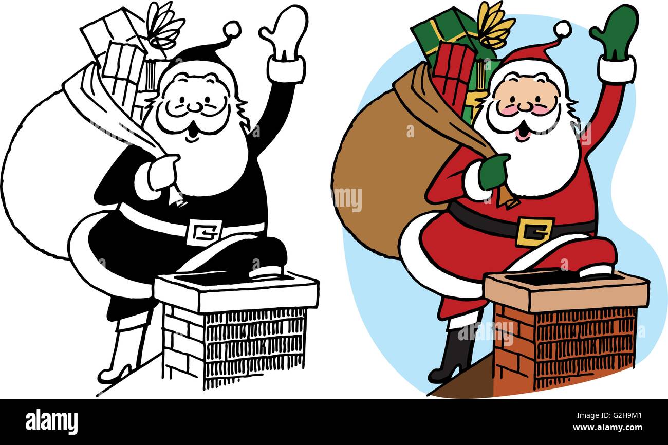 Santa Claus coming down the chimney with a sack full of presents. Stock Vector