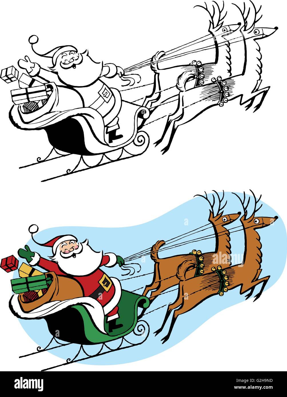 Santa Claus on his flying sleigh with reindeer Stock Vector