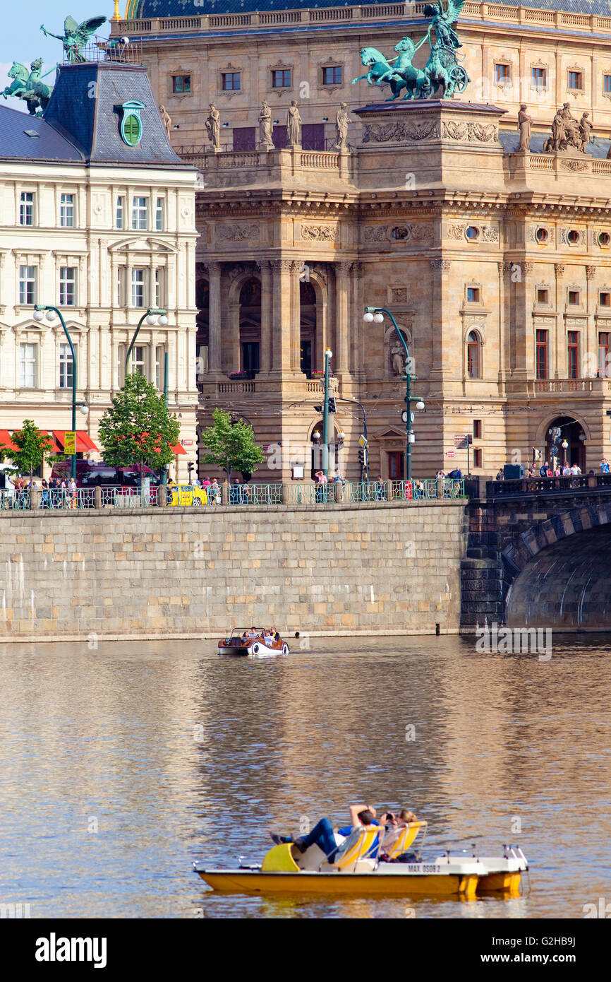 Czech Republic, Prague - National Theatre and Pedal  Boats on Vltava River Stock Photo