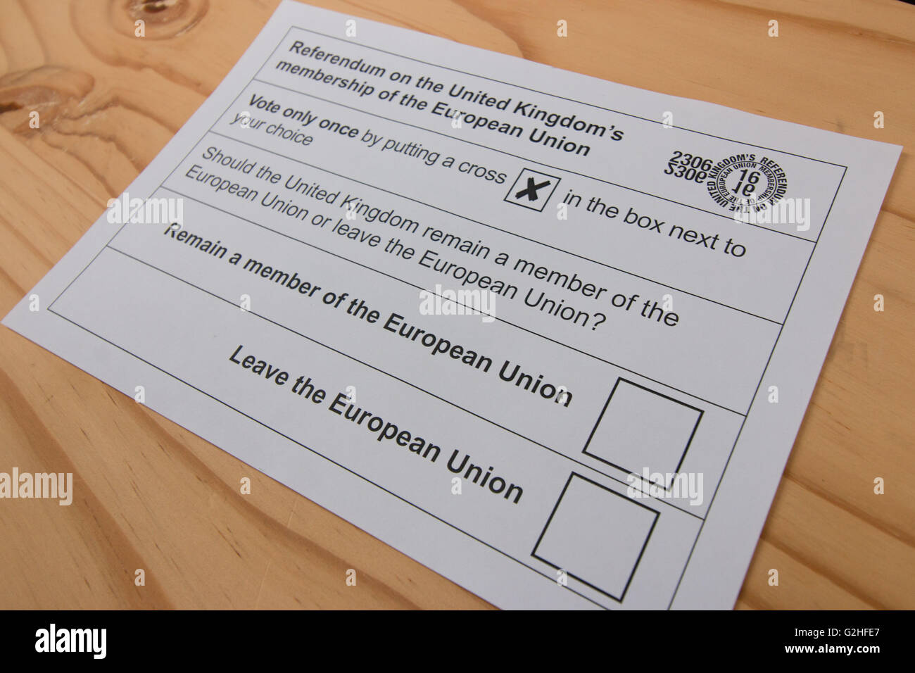 Ballot paper for the UK's 2016 Referendum on membership of the EU Stock Photo