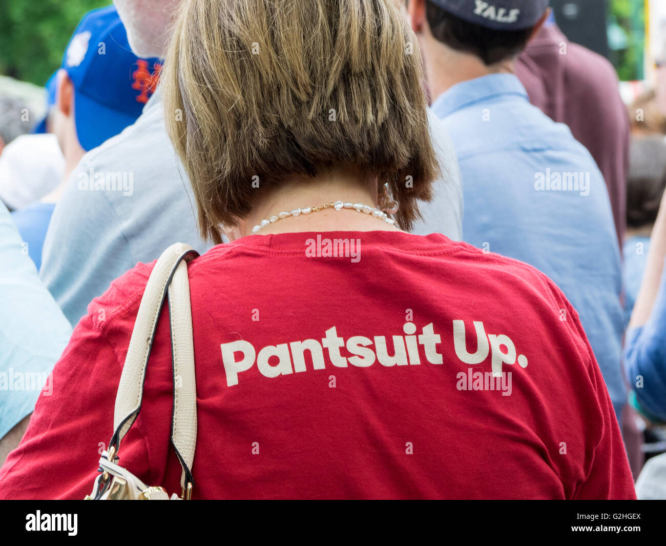 New York, USA. 30th May, 2016. Supporter of US presidential candidate Hillary Clinton wears a t-shirt that says Pantsuit Up at Memorial Day Parade, Chappaqua New York, May 30, 2016. Hillary Clinton clinched the Democratic nomination for president shortly thereafter and is the first woman nominated for president by a major party in US history. Credit:  2016 Marianne A. Campolongo/Alamy Live News. Stock Photo