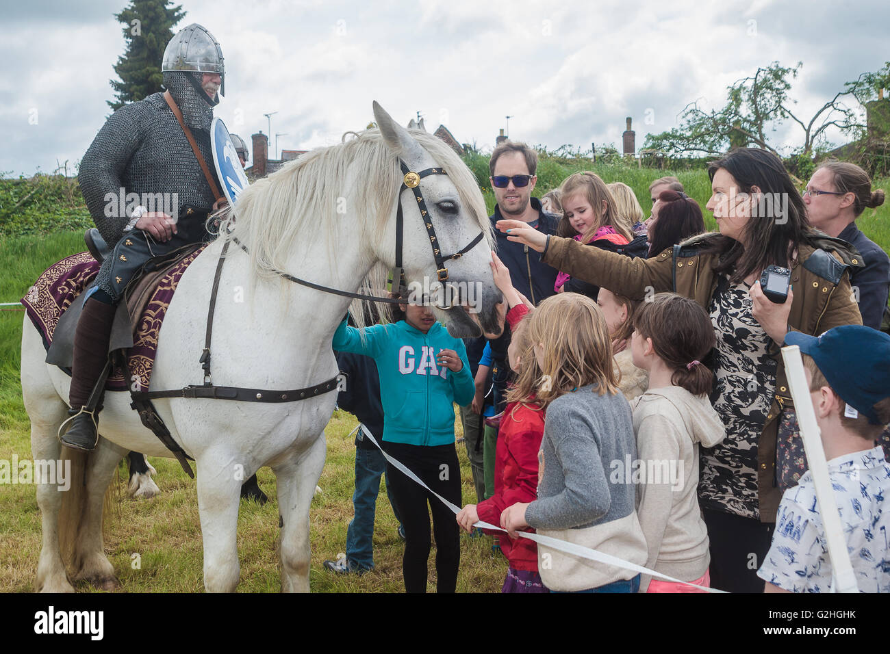 Oakham, Rutland, England,UK., 30th May 2016. Oakham Castle was re-opened after £2m worth of restoration work was completed, the money provided by the Heritage Lottery Fund. To celebrate the re-opening many Norman themed events were held in the castle grounds including coin striking,archery, the making of chain mail and much more.Visitors to the show making friends with the horses Credit:  Jim Harrison/Alamy Live News Stock Photo