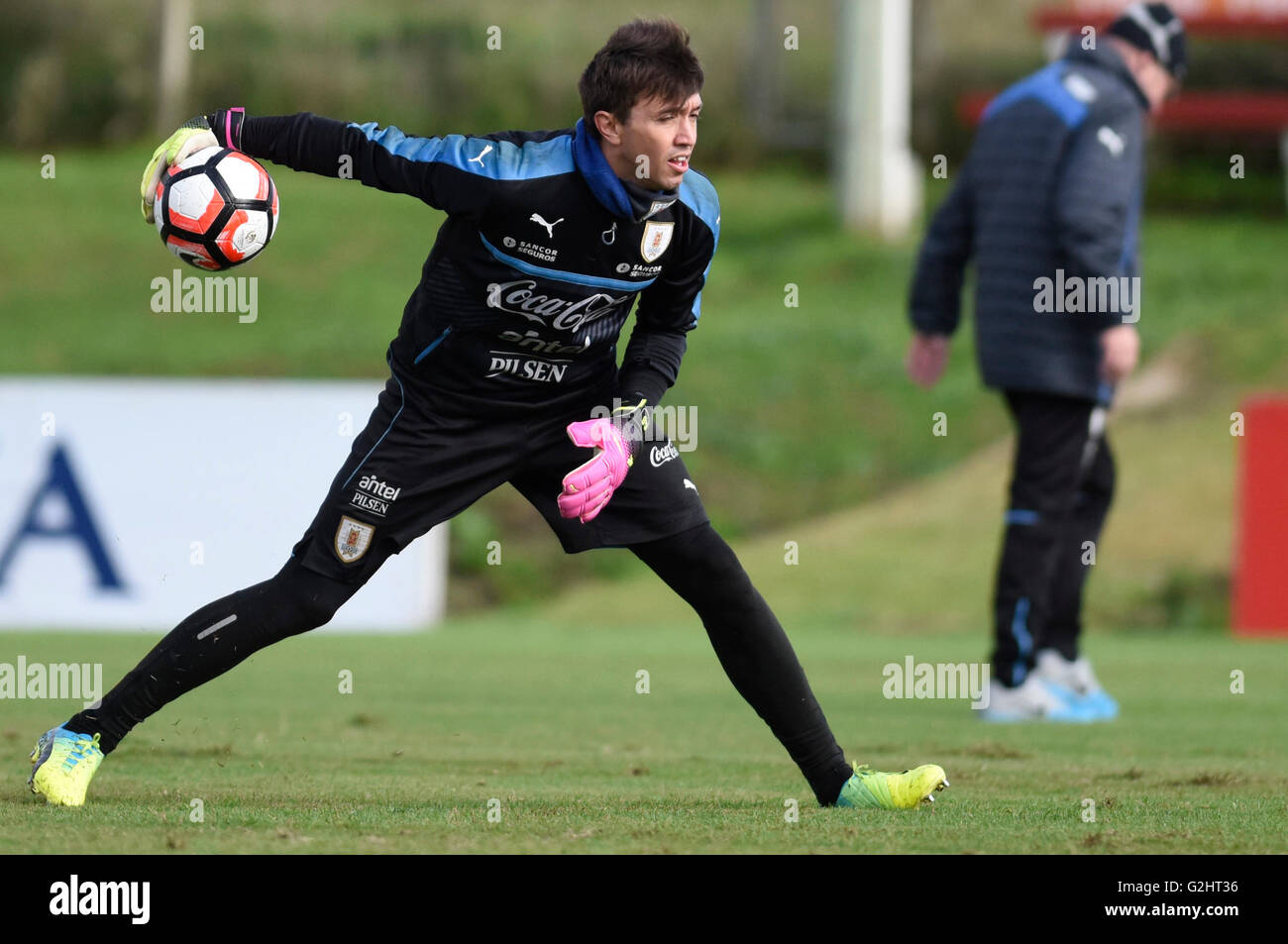 Canelones, Uruguay. 31st May, 2016. Fernando Muslera, goalkeeper of Uruguay's national soccer team, takes part in a training session in Canelones, Uruguay, May 31, 2016. Uruguay will face Mexico in their first match of Copa America Centenario, to be held in June in the United States. © Nicolas Celaya/Xinhua/Alamy Live News Stock Photo