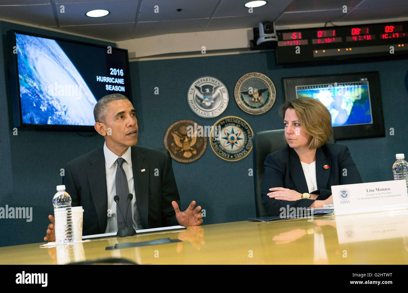 It. 31st May, 2016. United States President Barack Obama delivers remarks as he receives a briefing on the upcoming Hurricane season at FEMA headquarters in Washington, DC on May 31, 2016. Obama was joined by his Homeland Security Advisor Lisa Monaco, right. In his remarks, the President said 'We can't control the weather, but we can control our responses to it.' Credit: Kevin Dietsch/Pool via CNP/dpa/Alamy Live News Stock Photo