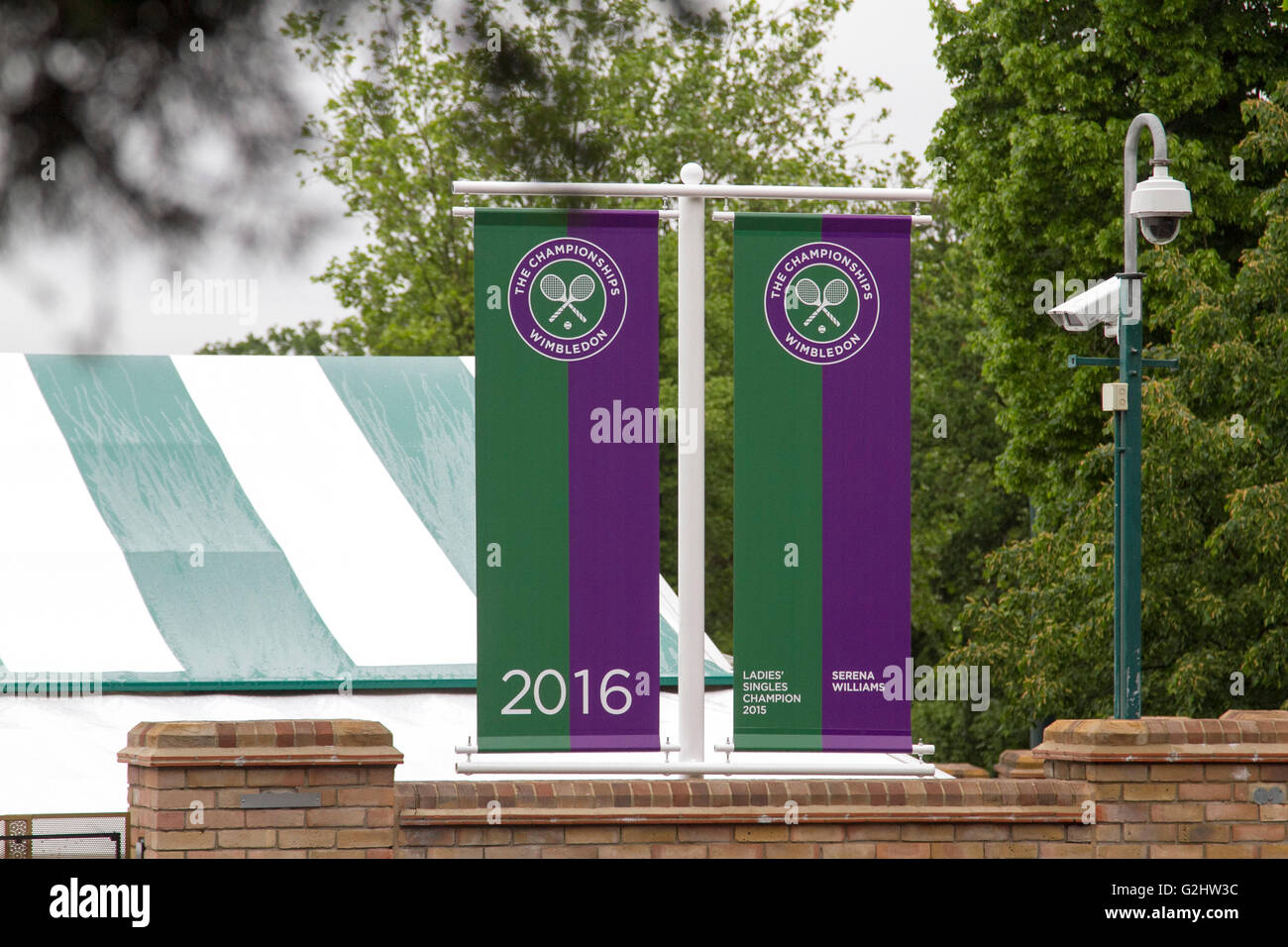 Wimbledon London, UK. 1st June 2016. Roll of Honour banners with the names of Gentlemen and Ladies champions Novak Djokovic and Serena Williams are displayed above  the gates of The All England Club in preparations for the 2016 Championships starting on June 27 Credit:  amer ghazzal/Alamy Live News Stock Photo