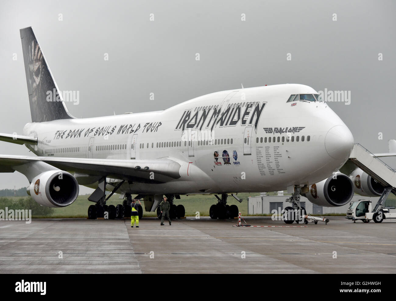 Schoenefeld, Germany. 01st June, 2016. The private Boeing 747 'Ed Force One' from heavy metal band Iron Maiden seen at the Berlin Air Show (ILA) in Schoenefeld, Germany, 01 June 2016. The air show at Berlin-Schoenefeld Airport is open from 01 to 04 June 2016. Photo: BERND SETTNIK/dpa/Alamy Live News Stock Photo