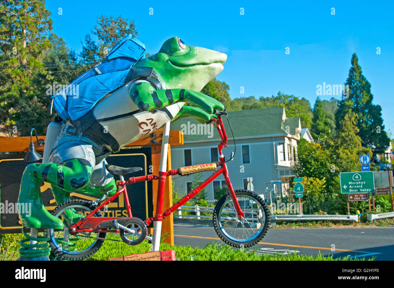 A whimsical sculpture of Angel's Camp 'celebrated jumping frog' in Calavaras County, California Stock Photo