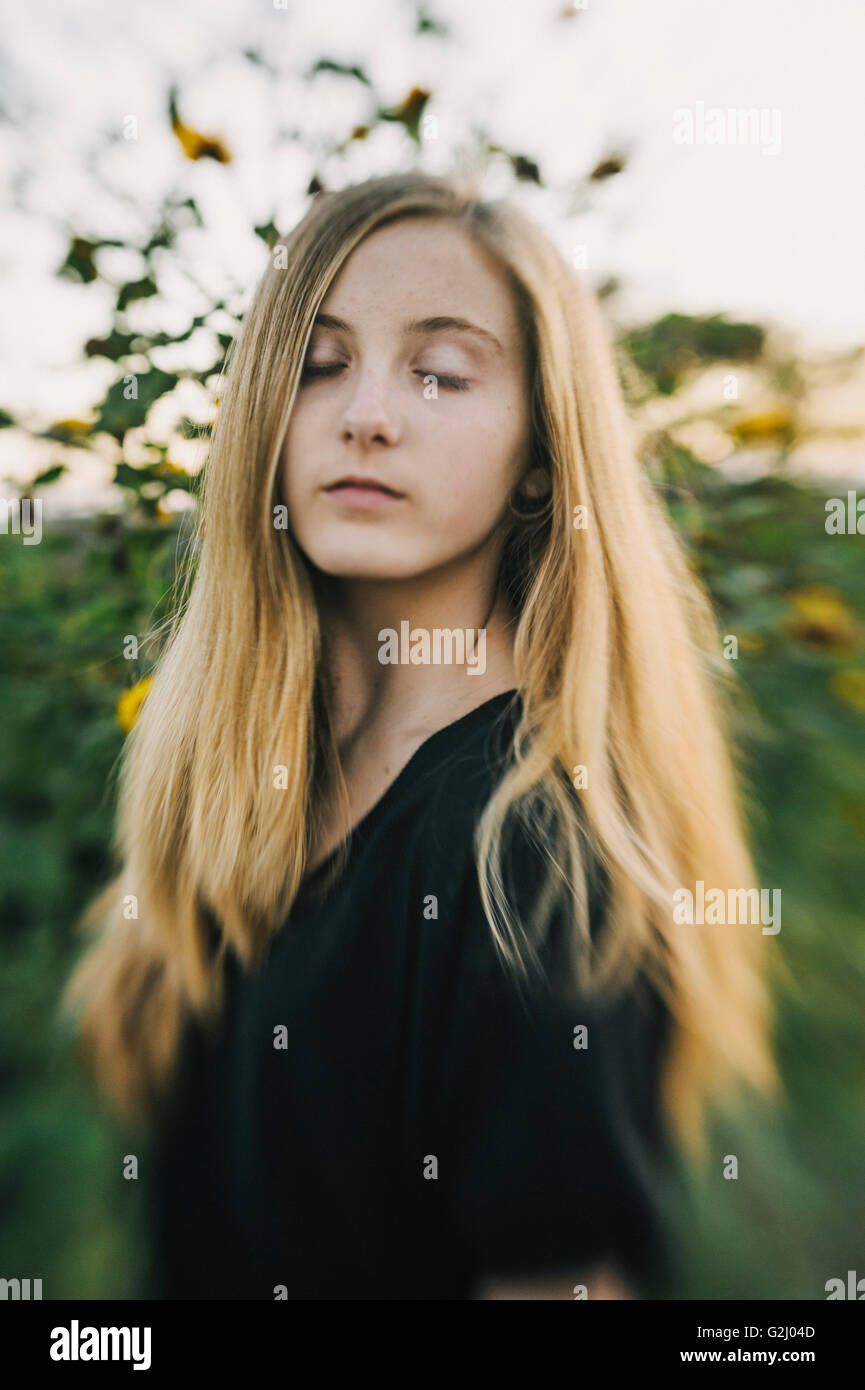 Portrait of Teen Girl with Eyes Closed Stock Photo - Alamy