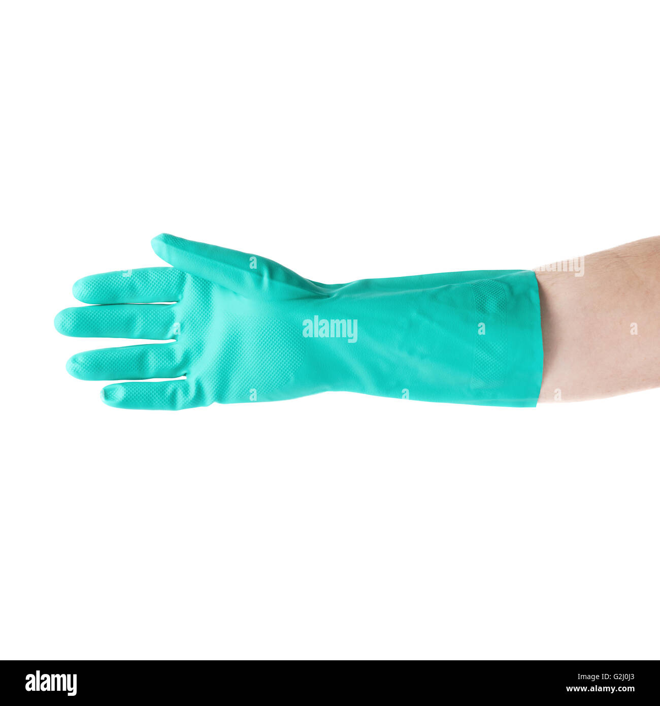 Hand in rubber latex glove over white isolated background Stock Photo