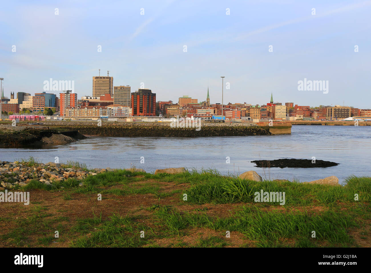 View of Saint John, New Brunswick, in the evening on the Bay of Fundy in the Maritime Provinces of Canada Stock Photo